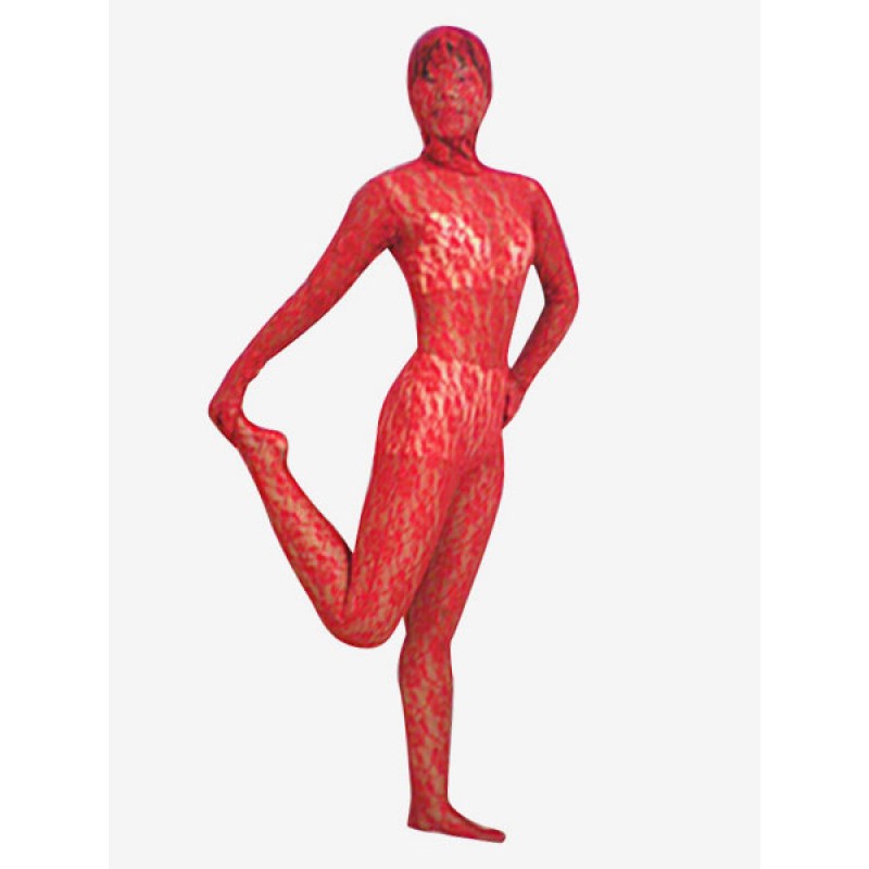 Halloween Red Transparent Lace Velvet Zentai Suit Halloween