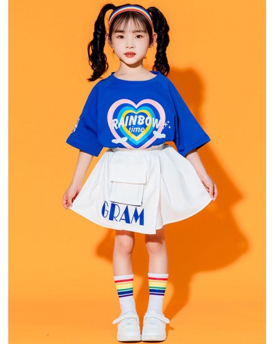 Women Hip Hop Dance Costumes Kid's Blue 's Dancer Skirt Top Set Polyester Street Dancing Costume Sets