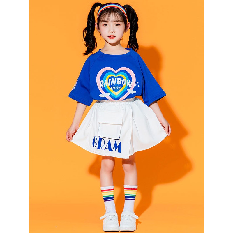 Women Hip Hop Dance Costumes Kid's Blue 's Dancer Skirt Top Set Polyester Street Dancing Costume Sets