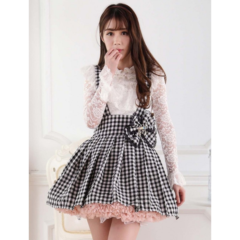 Lolita Dress SK Check Bow Lolita Suspender Skirt Sweet Spring Daily Casual