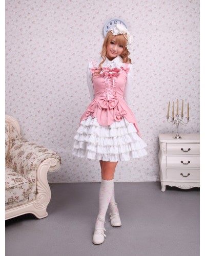 Pink White Cotton Lolita Jumper Skirt Lace Up Layered Ruffles Bows Sweet Spring Tea Party