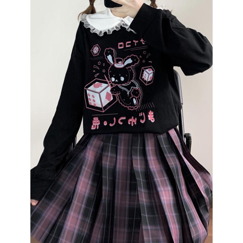 Lolita Blouse For Women Black Polyester Peter Pan Collar Long Sleeves Polyester Lolita T-Shirt