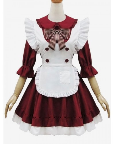 En Style Lolita OP Dress Ruffle Bow Button Decor Burgundy Lolita One Piece Dress Sets Maid Daily Casual Tea Party