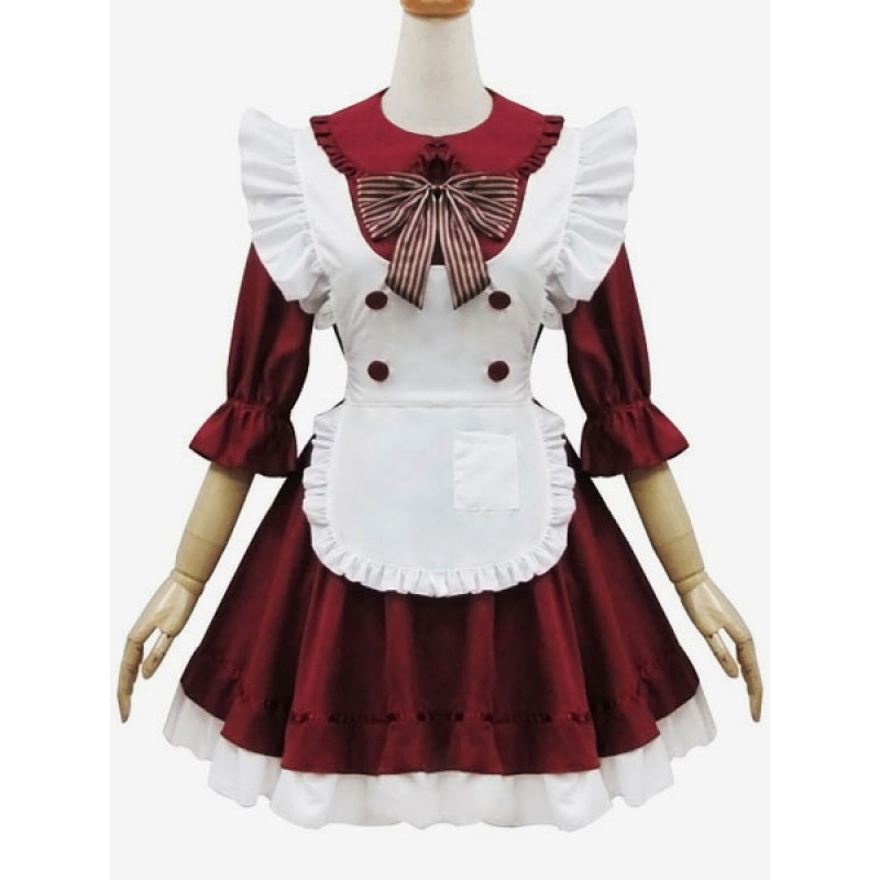 En Style Lolita OP Dress Ruffle Bow Button Decor Burgundy Lolita One Piece Dress Sets Maid Daily Casual Tea Party