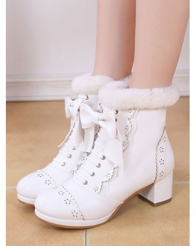 Sweet Lolita Boots Bow Frill Furry Chunky Heel White Lolita Footwear Tea Party