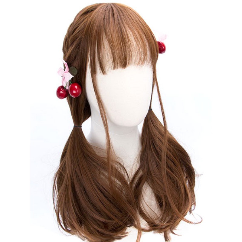 Classic Lolita Wigs Deep Brown Long Straight Blunt Bangs Curls At Ends Synthetic Hair Wigs Tea Party