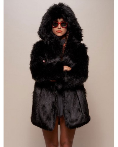 Women Plush Faux Fur Coat Hooded Black Winter Outerwear Casual Street Wear