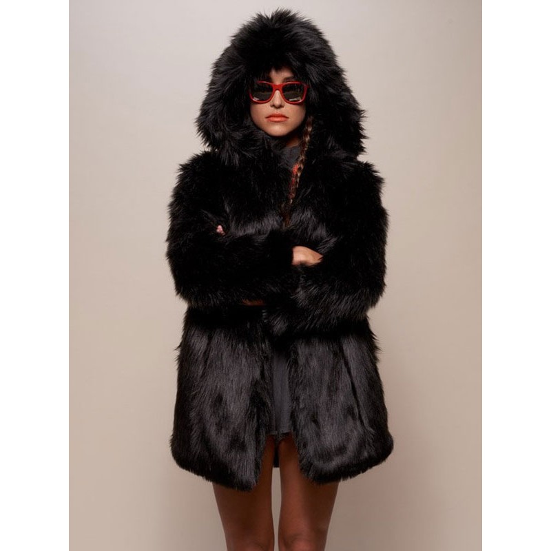 Women Plush Faux Fur Coat Hooded Black Winter Outerwear Casual Street Wear