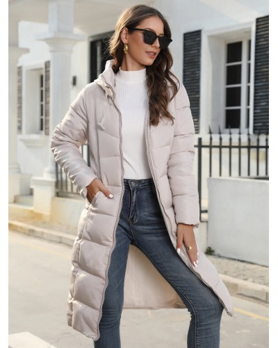 Women Cotton Coat Zipper Solid Long Slim Hooded Parkas Quilted Coat Fall Winter Street Wear Daily Casual