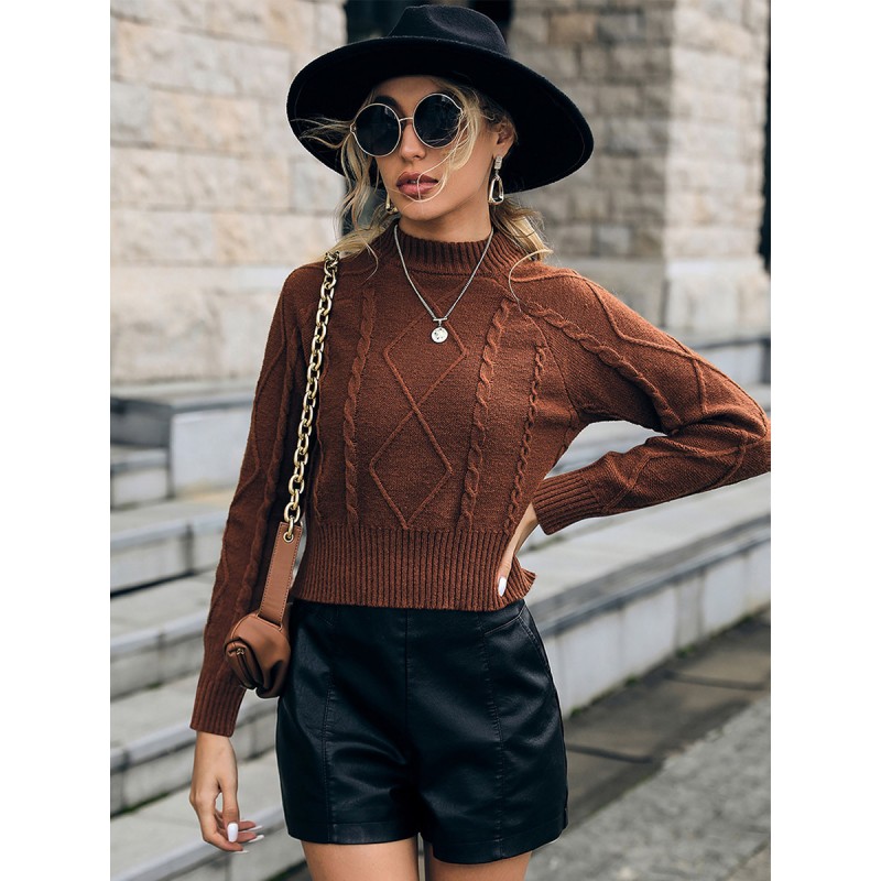 Women Pullover Sweater Coffee Brown Jewel Neck Long Sleeves Acrylic Sweaters Casual Fall Winter