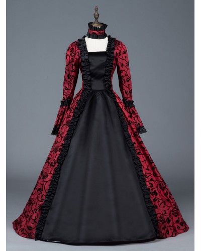 Women Victorian Dress Costume 's Red Bow Floral Print Square Neckline Long Sleeves Matte Satin Dress Victorian Era Style Ball Gown Halloween Sets Victorian Era