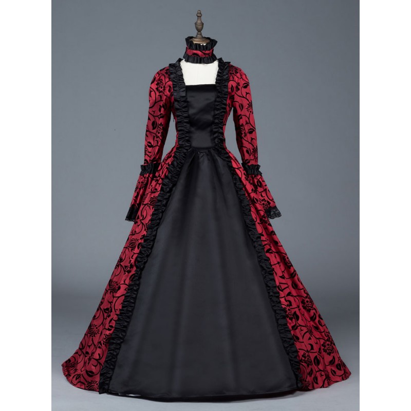 Women Victorian Dress Costume 's Red Bow Floral Print Square Neckline Long Sleeves Matte Satin Dress Victorian Era Style Ball Gown Halloween Sets Victorian Era