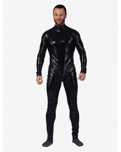 Men Halloween Black Catsuit Shiny Metallic Catsuit Costume Solid