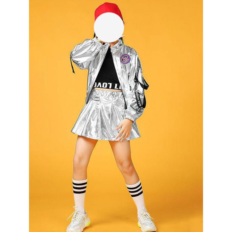 Women Dance Costumes Kid's Silver 's Dancer Skirt Top Set Polyester Street Dancing Costume Sets Hip Hop