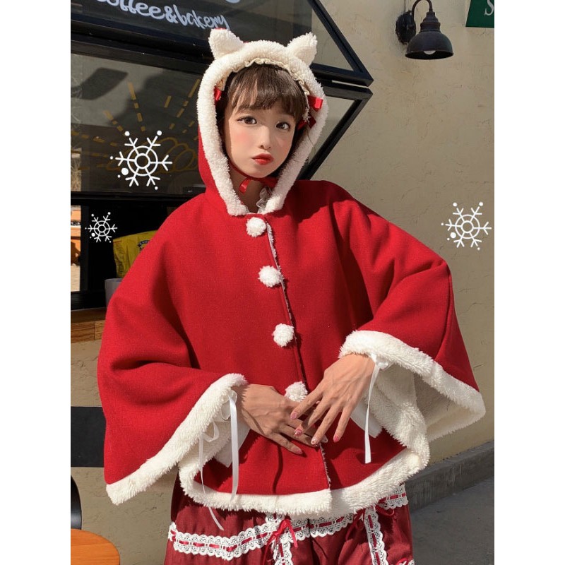 Sweet Lolita Coats Red Polyester Cloak Poncho Fall Lolita Outwears Cute Cat Ears Poncho  Cape Daily Casual