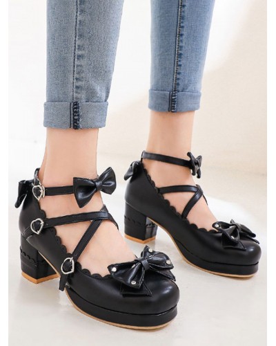 Sweet Lolita Footwear Bows Round Toe Leather Lolita Pumps Daily Casual