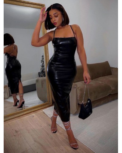 Women Birthday Open Shoulder PU Leather Sexy Straps Neck Sleeveless Midi Dress Maxi Summer