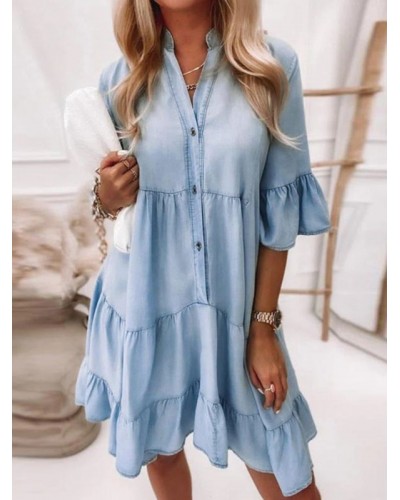 Shift Dresses Light Sky Blue Turndown Collar Denim Layered Woman Tube Dress Summer Daily Casual