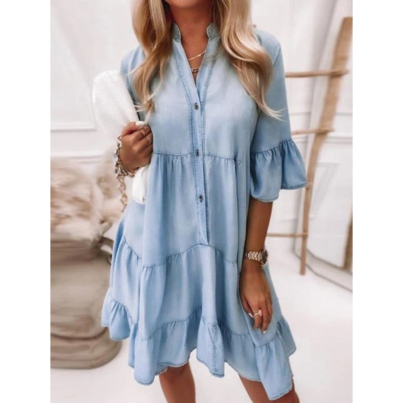 Shift Dresses Light Sky Blue Turndown Collar Denim Layered Woman Tube Dress Summer Daily Casual