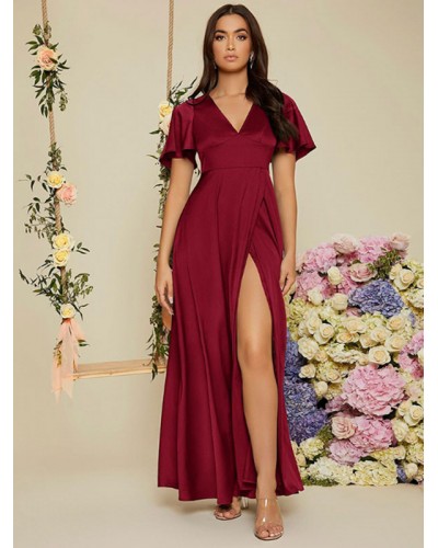 Women Party Dresses Dark Red V-Neck Short Sleeves High-slit Semi Formal Dress Maxi Summer