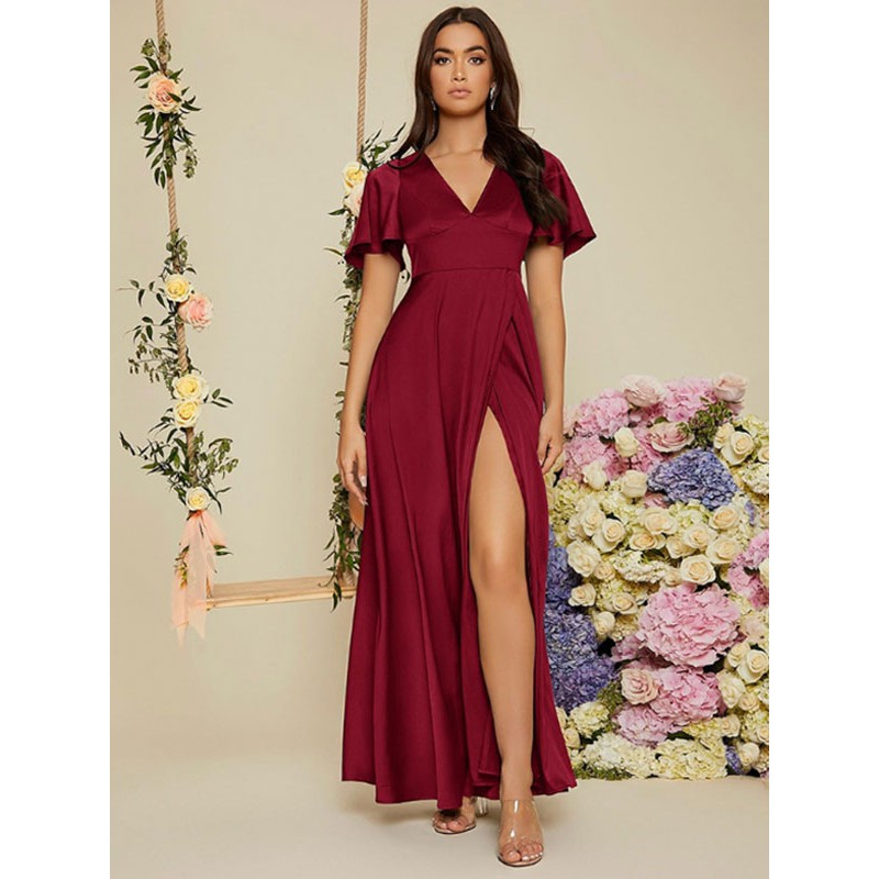 Women Party Dresses Dark Red V-Neck Short Sleeves High-slit Semi Formal Dress Maxi Summer