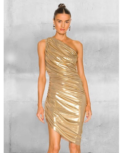 Women Gold Party Dresses Pleated One-Shoulder Birthday Semi Formal Prom Dress Sexy Summer