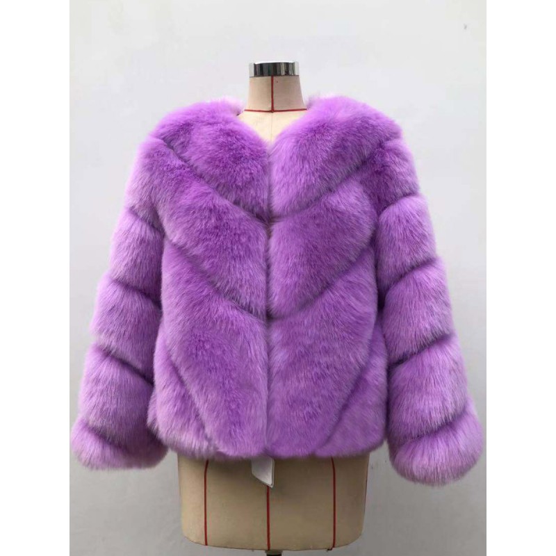 Faux Fur Coats Long Sleeves Casual V-Neck Dark Green Winter Coat Faux Fur Jacket