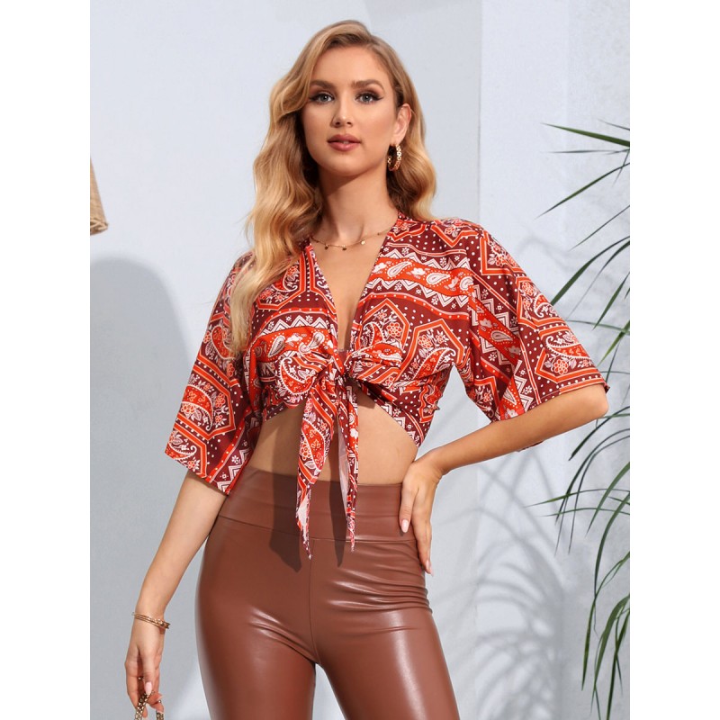 Women Blouse Red Printed Knotted Lace Up V-Neck Half Sleeves Tops Casual Summer