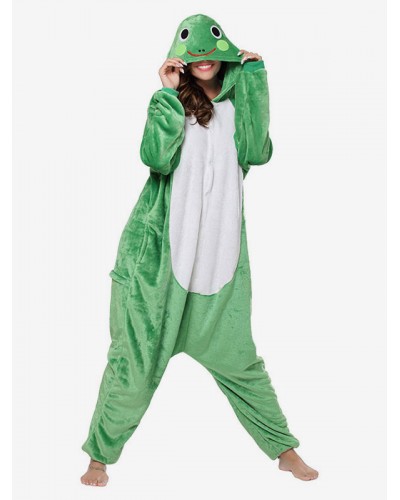 Kigurumi Onesie Pajamas Frog Adult Green Flannel Easy Toilet Winter Sleepwear Animal Costume Carnival Onesie Pajamas Halloween Party