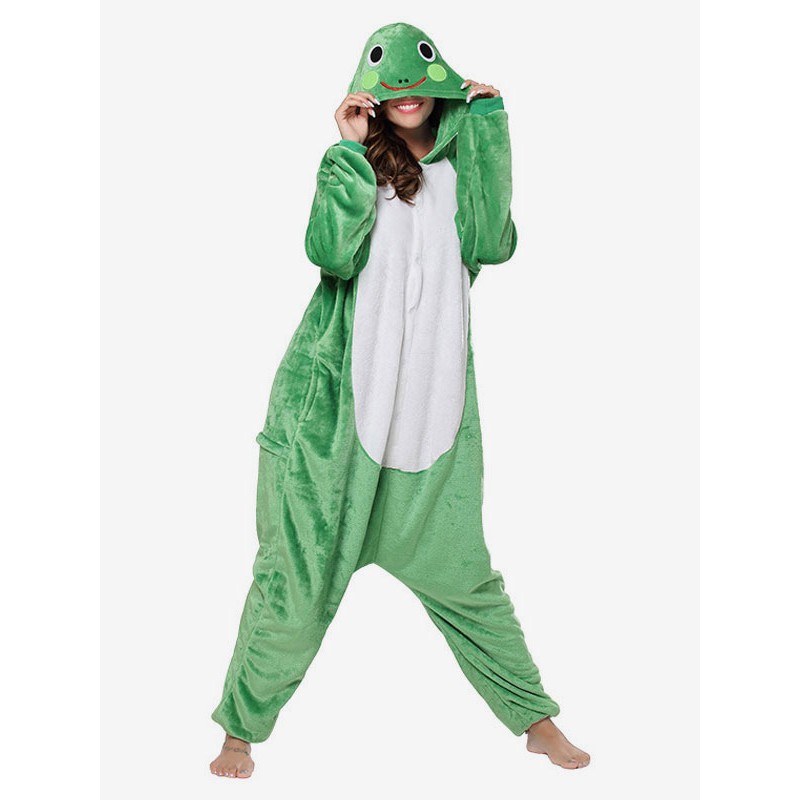 Kigurumi Onesie Pajamas Frog Adult Green Flannel Easy Toilet Winter Sleepwear Animal Costume Carnival Onesie Pajamas Halloween Party