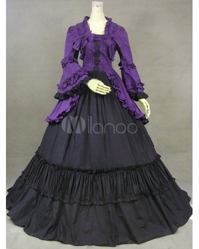 Women Victorian Purple Long Sleeves Ruffles Poplin Dress Costume Halloween Victorian Era