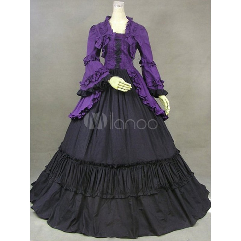 Women Victorian Purple Long Sleeves Ruffles Poplin Dress Costume Halloween Victorian Era