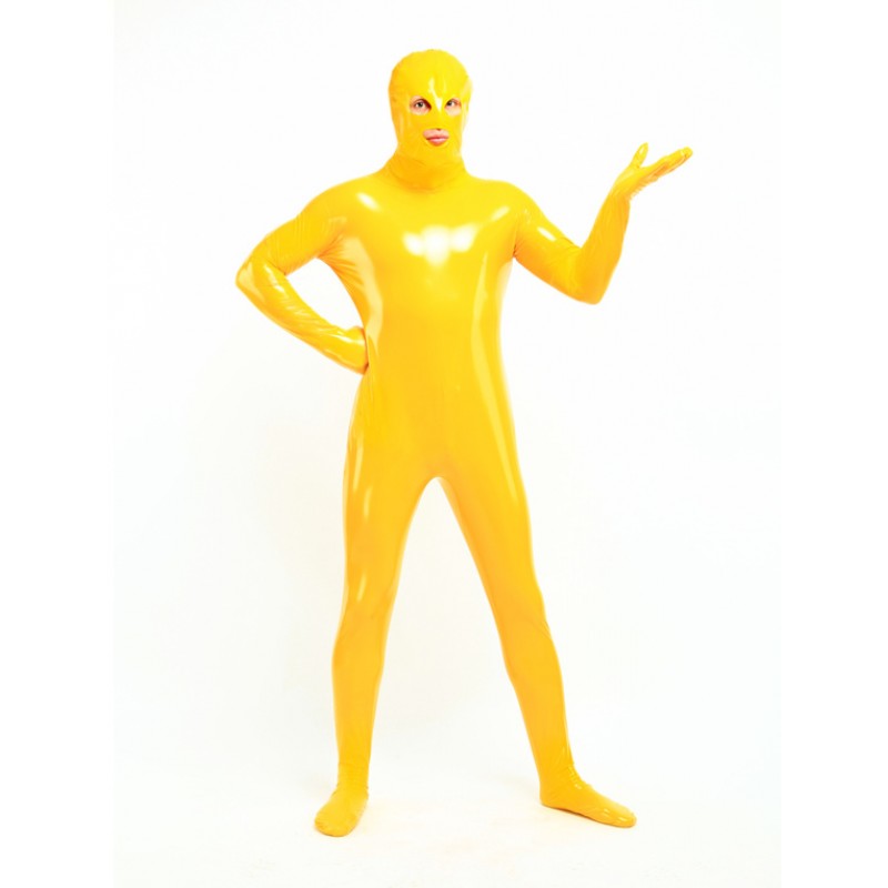 Unisex Morph Suit Yellow Open Mouth And Eyes Designed PVC BodySuit Clothes Costumes Solid