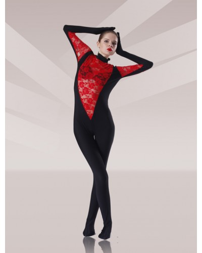 Unisex Black And Red Tulle Flower Design Lycra Spandex Catsuit