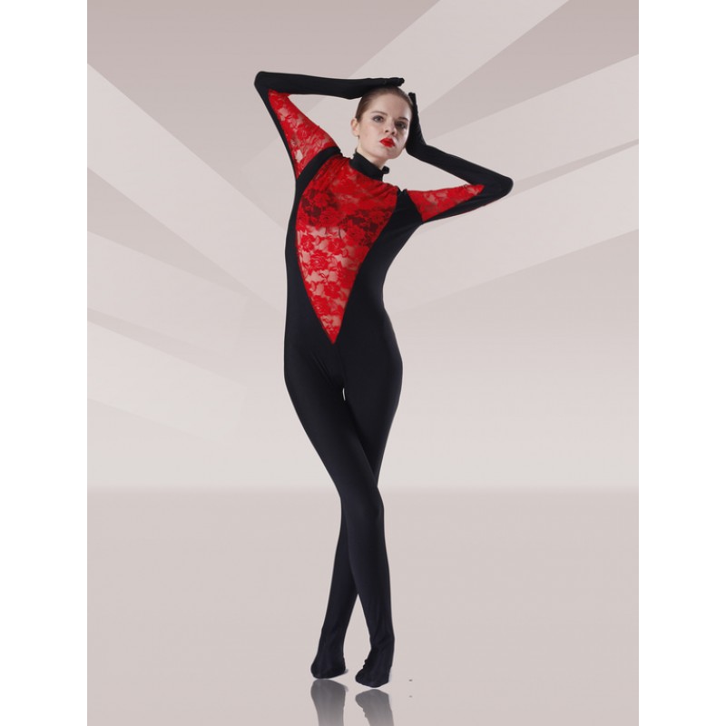 Unisex Black And Red Tulle Flower Design Lycra Spandex Catsuit