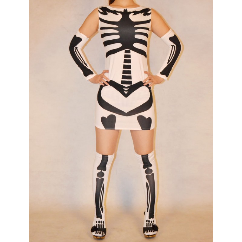 White Human Skeleton Lycra Spandex Women's Catsuit