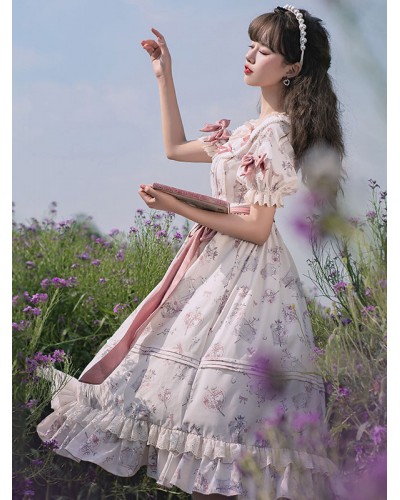 Sweet Lolita OP Dress Polyester Short Sleeves Light Apricot Lolita One Piece Dress