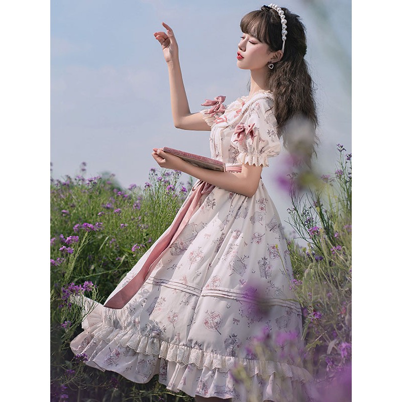 Sweet Lolita OP Dress Polyester Short Sleeves Light Apricot Lolita One Piece Dress