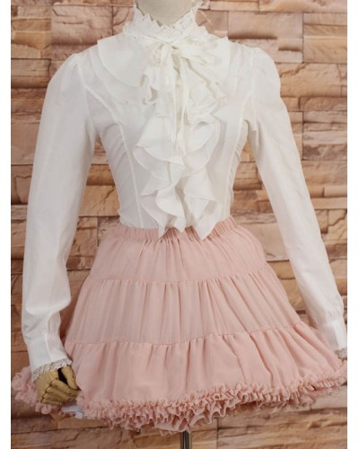 White High Collar Lolita Blouse Long Sleeves With Ruffles Daily Casual