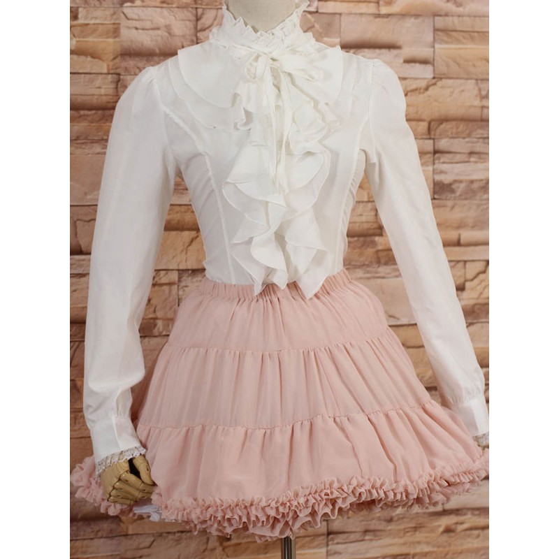 White High Collar Lolita Blouse Long Sleeves With Ruffles Daily Casual