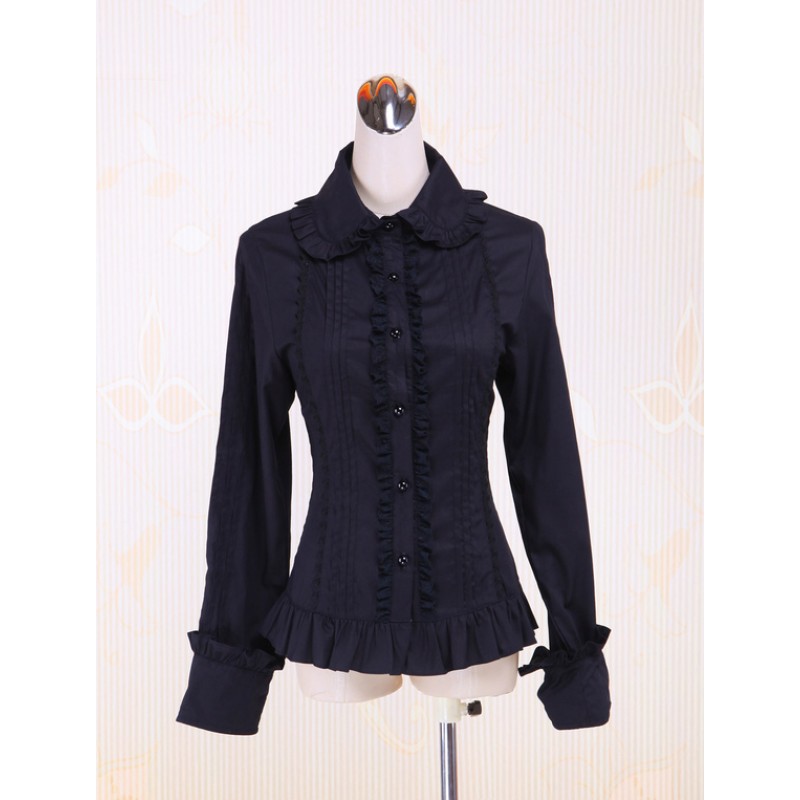 Cotton Black Long Sleeves Ruffles Cotton Lolita Blouse Classic  Traditional