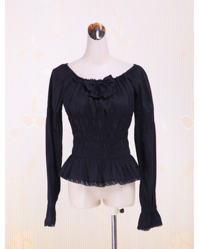 Cotton Black Lolita Blouse Long Sleeves Shirring Lace Trim Bow Round Collar Sweet