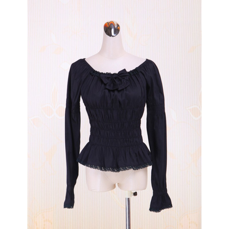 Cotton Black Lolita Blouse Long Sleeves Shirring Lace Trim Bow Round Collar Sweet