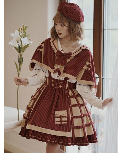 Lolita Outfits Dark Red Chains Stripes Long Sleeves Cloak Skirt Hat Academic