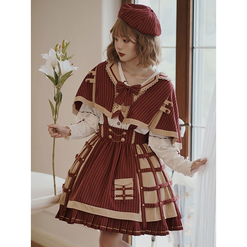 Lolita Outfits Dark Red Chains Stripes Long Sleeves Cloak Skirt Hat Academic