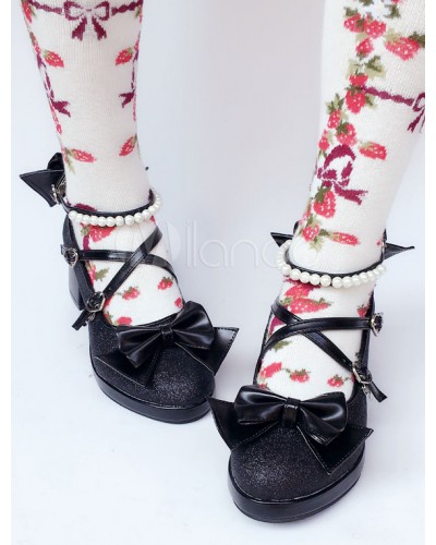 Sweet Lolita Shoes Black Glitter Pearl Bow Cross Front Heeled Lolita Pumps