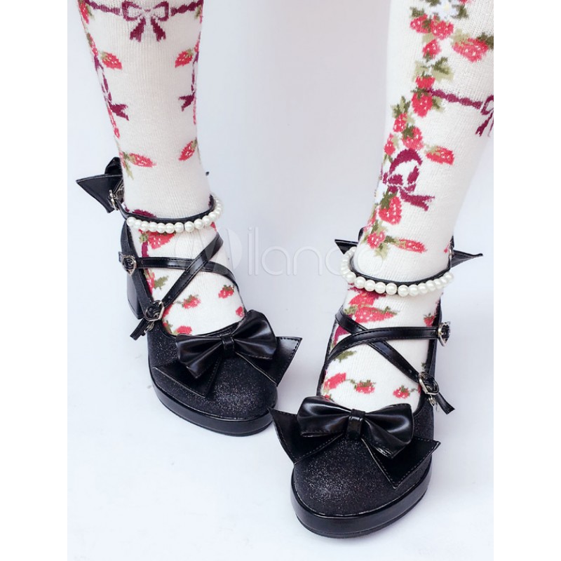 Sweet Lolita Shoes Black Glitter Pearl Bow Cross Front Heeled Lolita Pumps