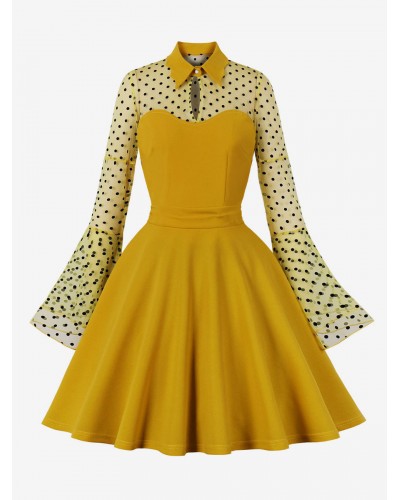 Women Vintage Dress 1950s Audrey Hepburn Style Yellow Polka Dot Woman's Long Sleeves Swing Dress Bodycon Daily Casual