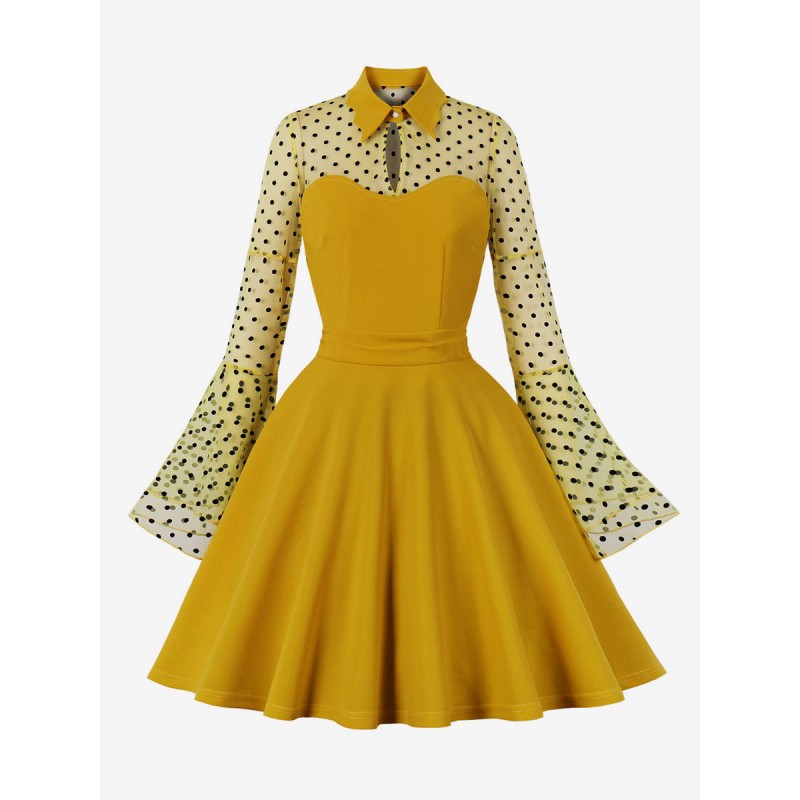 Women Vintage Dress 1950s Audrey Hepburn Style Yellow Polka Dot Woman's Long Sleeves Swing Dress Bodycon Daily Casual