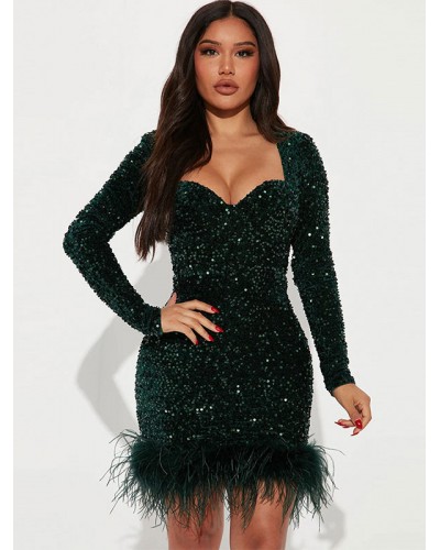 Women Party Dresses Sweetheart Neck Sequins Feathers Dress Bodycon Spring Fall Winter